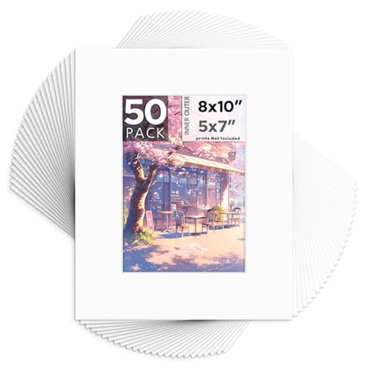 Mat Board Center 50 Pack 8x10 Picture Mat for 5x7 Photo White