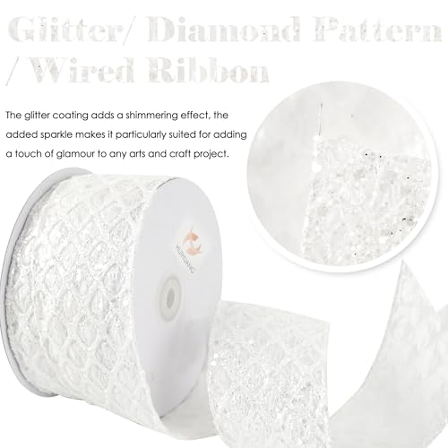 White Glitter Diamond Wired Christmas Ribbon 2.5 inch x 10 Yards (30 Foot)