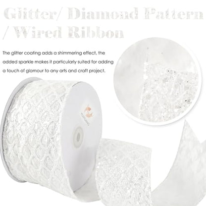 White Glitter Diamond Wired Christmas Ribbon 2.5 inch x 10 Yards (30 Foot)