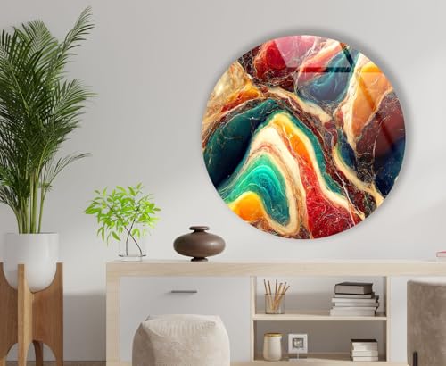 15.8''(40cm) Diameter Colorful Marble Swirl Round Wall Art Abstract Glass Decor with Earthy Tones & Gemstone Texture