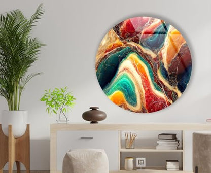 24''(60cm) Diameter Colorful Marble Swirl Round Wall Art Abstract Glass Decor with Earthy Tones & Gemstone Texture