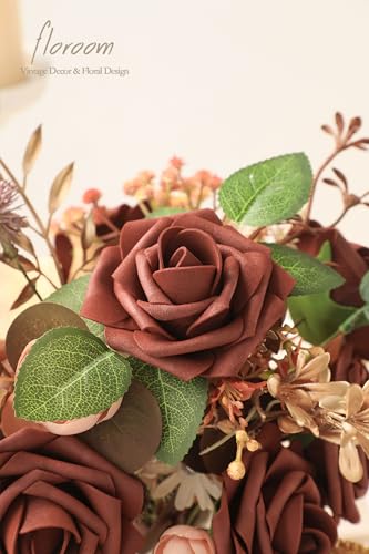 Artificial Flowers 25pcs Real Looking Terracotta Foam Fake Roses with Stems for DIY Wedding Bouquets Bridal Shower Centerpieces Floral Arrangements Party Tables Home Decorations (25 Count)