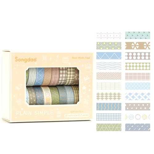 20 Rolls Basic Washi Tape Set Japanese Arts Adhesive Tapes Simple Patterns Decorative Masking Tape Sets for Craft (20 Count)