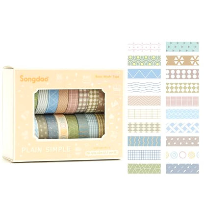 20 Rolls Basic Washi Tape Set Japanese Arts Adhesive Tapes Simple Patterns Decorative Masking Tape Sets for Craft (20 Count)