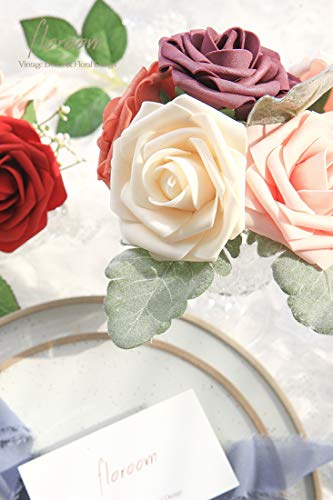 Artificial Flowers 25pcs Real Looking Champagne Foam Fake Roses with Stems for DIY Wedding Bouquets Bridal Shower Centerpieces Floral Arrangements Party Tables Home Decorations (25 Count)