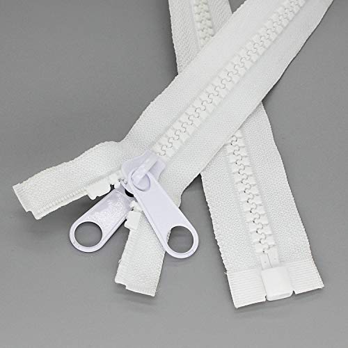 2PCS #10 24 Inch Heavy Duty Zippers for Sewing Separating Large Plastic Zippers White Tape with Double Pull Tab Slider