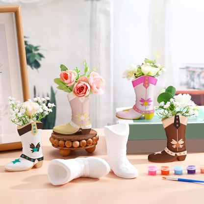 6 Set Cowboy Boot Vase Ceramics to Paint Ready to Paint Your Own Ceramic Cowgirl Hat Vase DIY Unpainted Plaster Paintable Kit Crafts with Brush Palette for Adults (6 Count)