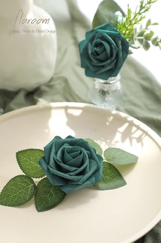 Artificial Flowers 25pcs Real Looking Peacock Green Foam Fake Roses with Stems for DIY Wedding Bouquets Bridal Shower Centerpieces Floral Arrangements Party Tables Home Decorations (25 Count)
