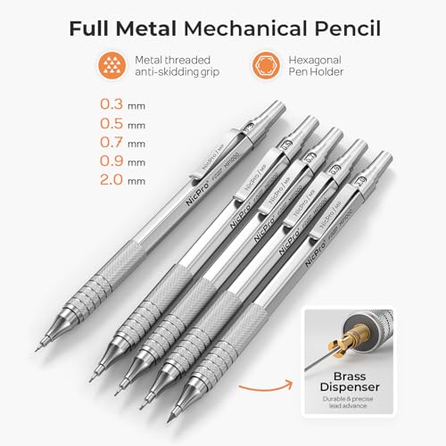 Metal Mechanical Pencil Set 5 PCS Art Drafting Pencils For Sketching (5 Count)
