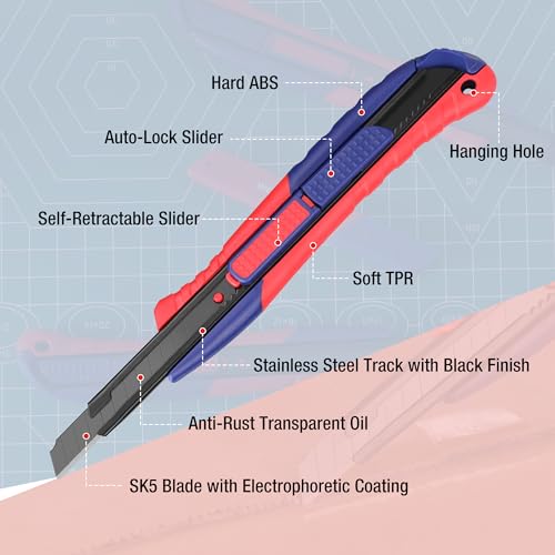 2-In-1 Safety Utility Knife Retractable Snap-off blade, Metal Box Cutter Set, Razor Knife Exacto Craft Knives, with 10 Extra 9mm Blades, Pack of 3