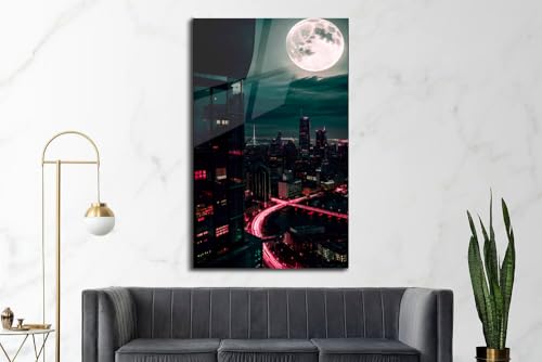 Moon And City Glass Wall Art Painting for Living Room