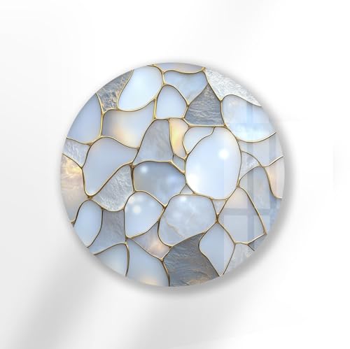 31.5''(80cm) Diameter White Stone Mosaic Round Glass Wall Art Tempered Glass Printing Wall Decor Large Wall Art Wall Hangings