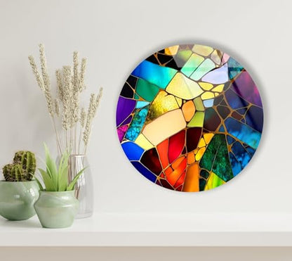 39,4''(100cm) Diameter Multicolor Round Stained Glass Wall Art Vibrant Mosaic Abstract Panel Tempered Glass Printing Wall Decor Large Wall Art Wall Hangings