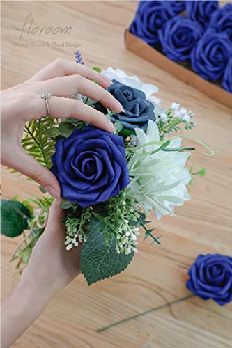Artificial Flowers 25pcs Real Looking Royal Blue Foam Fake Roses with Stems for DIY Table Centerpieces Party Home Decorations (25 Count)