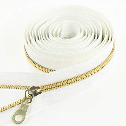White Nylon Zipper #5 Gold Metallic Nylon Coil Teeth Zipper by The Yards Bulk 10 Yards Tape with 25pcs Gold Sliders for DIY Sewing Tailor Craft Bag