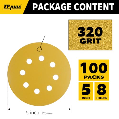 100PCS 5 Inch 320 Grit 125mm 8 Hole Sanding Discs Sandpaper (100 Count)