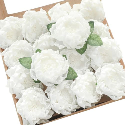 Artificial Flowers 16pcs 4" White Blooming Peonies Real Looking Foam Fake Peony with Stems for DIY Wedding Bouquets Bridal Shower Centerpieces Floral Arrangements Party Tables Home Decorations (16 Count)