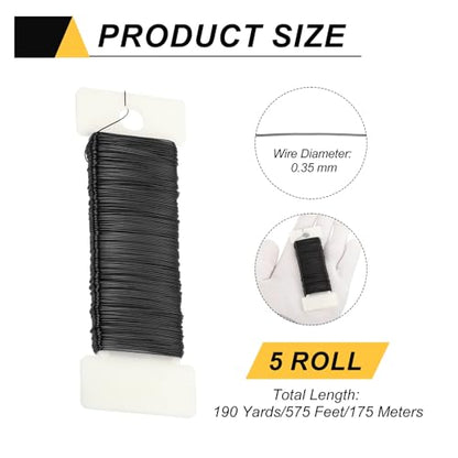 190 Yards 575 Feet 27 Gauge Metal Floral Wire Black Flexible Paddle Thin Floral Wires for Craft (5 Count)