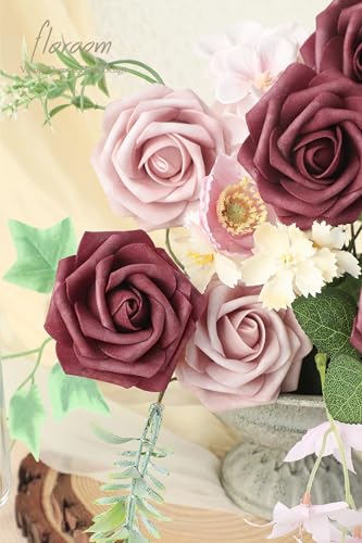 Artificial Flowers 25pcs Real Looking Cinnamon Rose & Shabby Pink Foam Fake Roses with Stems for DIY Wedding Bouquets Bridal Shower Centerpieces Floral Arrangements Party Tables Decorations (25 Count)