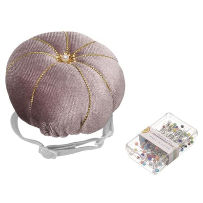 Wrist Pin Cushion Wristband Sewing Pincushion Polyester Pin Holder Wearable Pumpkin Shaped Needles Wristband with 100 Head Needles for Sewing Quilting DIY Crafts