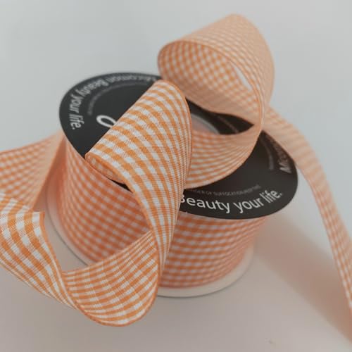 1.5 Inch Orange and White Woven Edge Plaid Chekered Ribbon 100% Polyester Gingham Ribbon 25 Yards Each Roll for Halloween Thanks