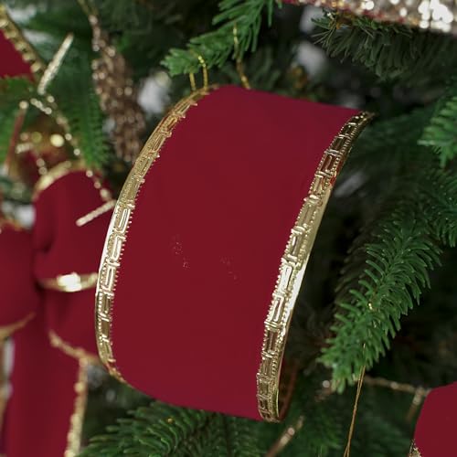 Burgundy Velvet Ribbon 2.5 Inch Dark Red Christmas Ribbon 10 Yards Maroon Velvet Wired Ribbons with Gold Greek Key Edge Burgundy Ribbons for Christmas Tree Decoration (30 Foot)