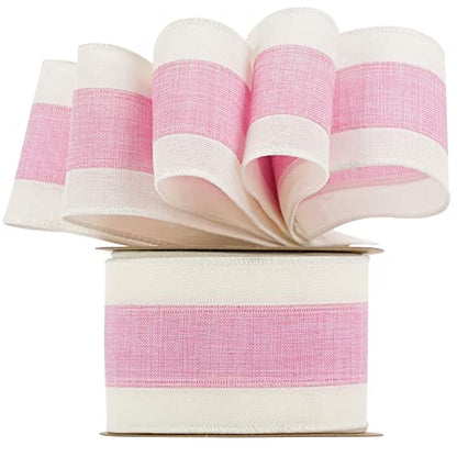 Pink White Stripe Wired Burlap Ribbon with Ivory Stripes Edge (30 Foot)