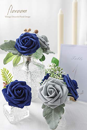 Artificial Flowers 50pcs Real Looking Silver Grey Foam Fake Roses with Stems for DIY Wedding Bouquets Bridal Shower Centerpieces Floral Arrangements Party Tables Home Decorations (50 Count)
