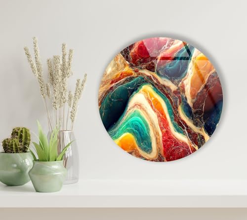 15.8''(40cm) Diameter Colorful Marble Swirl Round Wall Art Abstract Glass Decor with Earthy Tones & Gemstone Texture