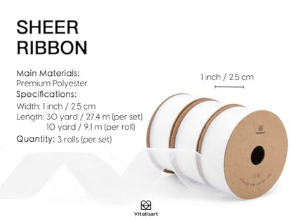 White Organza Ribbon 1" x 30 Yd Sheer Ribbon for Gift Wrapping (90 Foot)