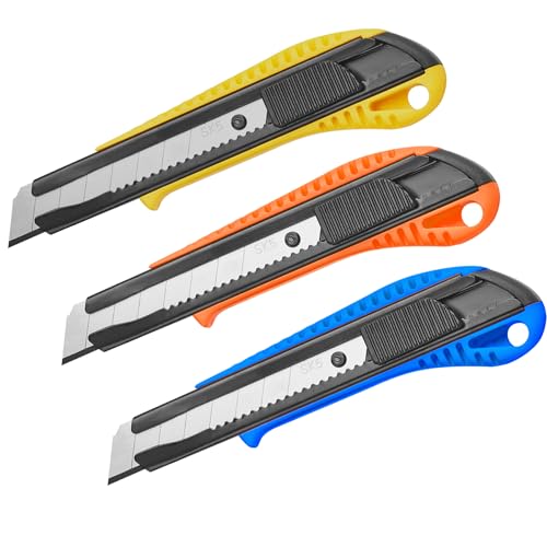 Box Cutter Utility Knife Retractable Snap Off Blades Hobby Knife 3 Pack for Cutting Cardboard Boxes Leather
