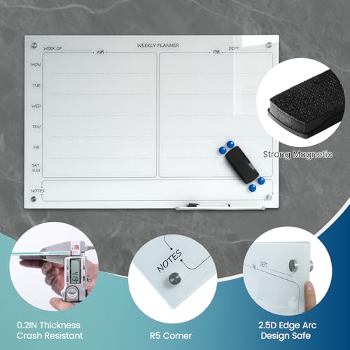 Glass Whiteboard 24"X36" Weekly Calendar Writeboard Magnetic Planner WritingBoard Dry Erase Board Frameless White Board for Office School Home Tray