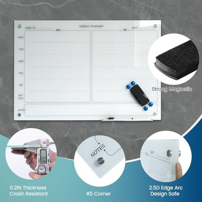 Glass Whiteboard 24"X36" Weekly Calendar Writeboard Magnetic Planner WritingBoard Dry Erase Board Frameless White Board for Office School Home Tray