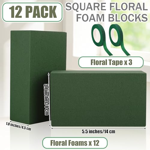 12 Pieces Floral Foam Blocks with 3 Rolls Floral Tape 5.5''L x 3.1''W x 1.8''H Green Square Flower Foams Flower Arrangements Supplies for Dry & Wet Flower Wedding Home Decor and DIY Crafts