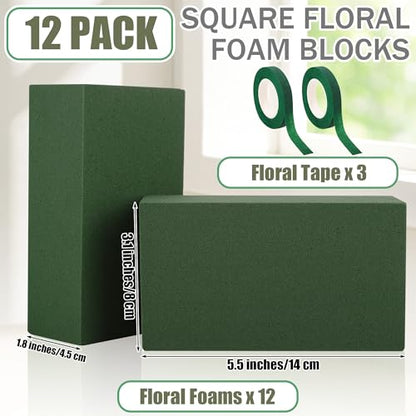 12 Pieces Floral Foam Blocks with 3 Rolls Floral Tape 5.5''L x 3.1''W x 1.8''H Green Square Flower Foams Flower Arrangements Supplies for Dry & Wet Flower Wedding Home Decor and DIY Crafts