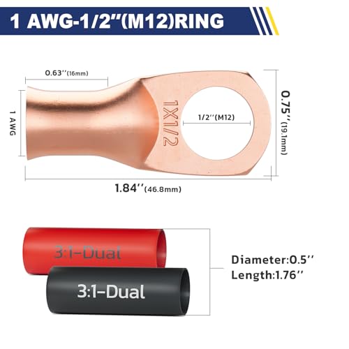 20PCS Battery Cable Lug & Heat Shrink Kit 1 AWG 1 (20 Count)