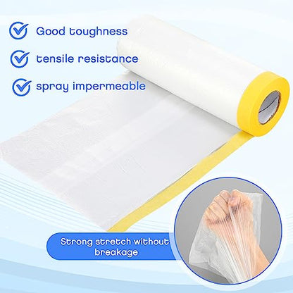 18 Roll Painters Plastic with Tape Pre Taped Masking Film for Painting Automotive Paint Adhesive Protective Film Masking Tape Roll Plastic Painting Covering (18 Count)