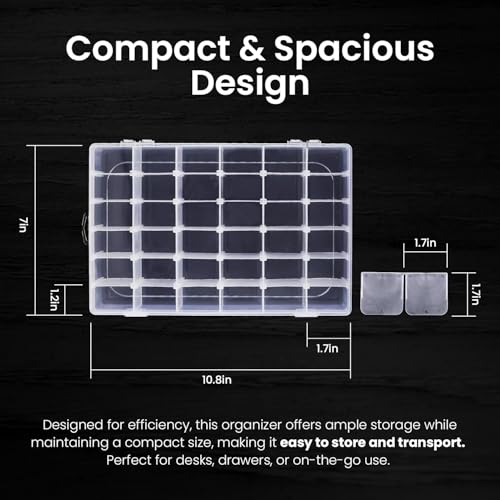 4pack 36 Grids Plastic Clear Organizer Box Bead Storage Containers with Adjustable Dividers for Craft Jewelry Fishing Tackles Parts Storage with 4 Sheets Label Stickers (4 Count)