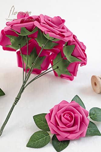 Artificial Flowers 25pcs Real Looking Hot Pink Foam Fake Roses with Stems for DIY Wedding Bouquets Bridal Shower Centerpieces Floral Arrangements Party Tables Home Decorations (25 Count)
