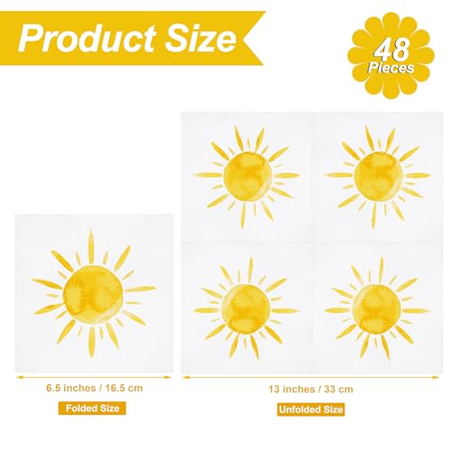 48 Pieces Disposable Sun Paper Napkins Sunshine Birthday Decorations Sun Party Napkins Cocktail Dinner Napkin Set 13" x 13" Unfolded Tableware Napkins for Sun Birthday Party Supplies (48 Count)