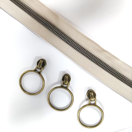 5 Antique Brass Metallic Nylon Coil Zippers by the Yard Bulk 10 Yards Beige Zipper Tape with 25pcs Antique Brass Ring Pull Sliders for DIY Sewing Tailor Craft Bag