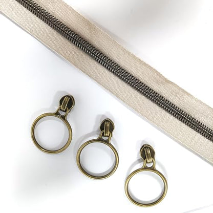 5 Antique Brass Metallic Nylon Coil Zippers by the Yard Bulk 10 Yards Beige Zipper Tape with 25pcs Antique Brass Ring Pull Sliders for DIY Sewing Tailor Craft Bag