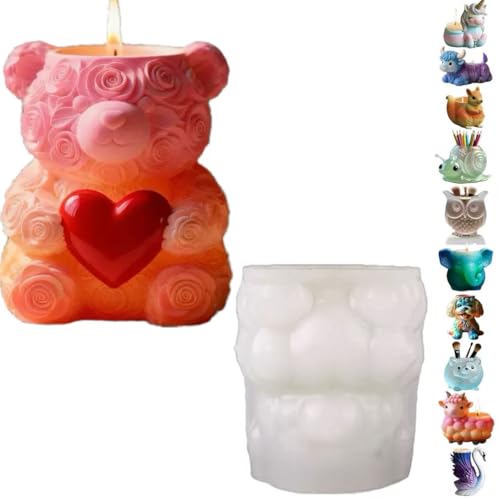 Animal Resin Molds Silicone 3D Cute Bear with Rose Epoxy Resin Jar Plaster Candle Holder Wax Molds for Candle Making