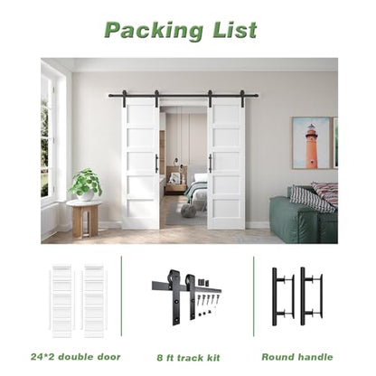 Double 24x84 inch White Barn Door with 8FT Barn Door Hardware Kit Included (2 Count)