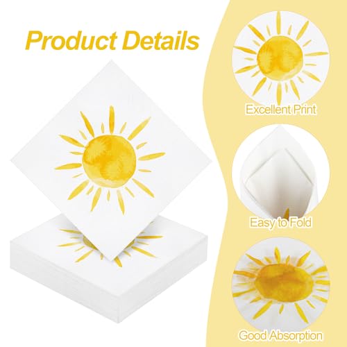 48 Pieces Disposable Sun Paper Napkins Sunshine Birthday Decorations Sun Party Napkins Cocktail Dinner Napkin Set 13" x 13" Unfolded Tableware Napkins for Sun Birthday Party Supplies (48 Count)
