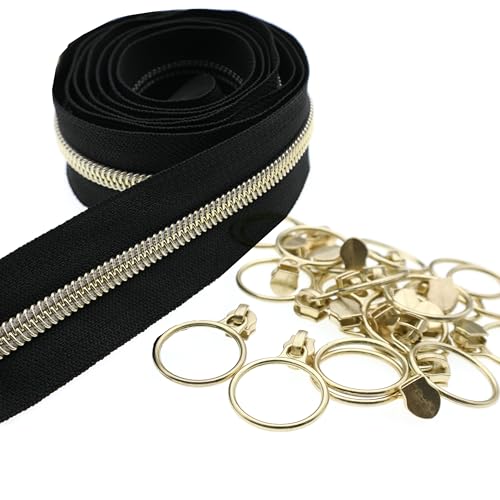 5 Metallic Nylon Coil Zippers by The Yard Bulk 10 Yards Black Zipper Tape with 25pcs Gold Ring Pull Sliders for DIY Sewing Tailor Craft Bag