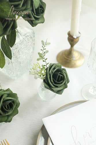Artificial Flowers 50pcs Real Looking Emerald Green Foam Fake Roses with Stems for DIY Wedding Bouquets Bridal Shower Centerpieces Floral Arrangements Party Tables Home Decorations (50 Count)
