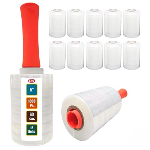 12 Pack Mini Hand Stretch Wrap 5 Inch 1000Ft 60 Gauge 2 Handles