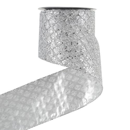 Silver Glitter Diamond Christmas Wired Ribbon 4 inch x 10 Yards (30 Foot)