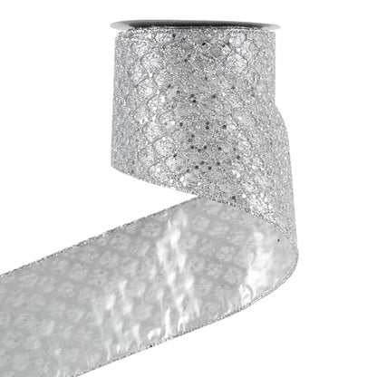 Silver Glitter Diamond Christmas Wired Ribbon 4 inch x 10 Yards (30 Foot)